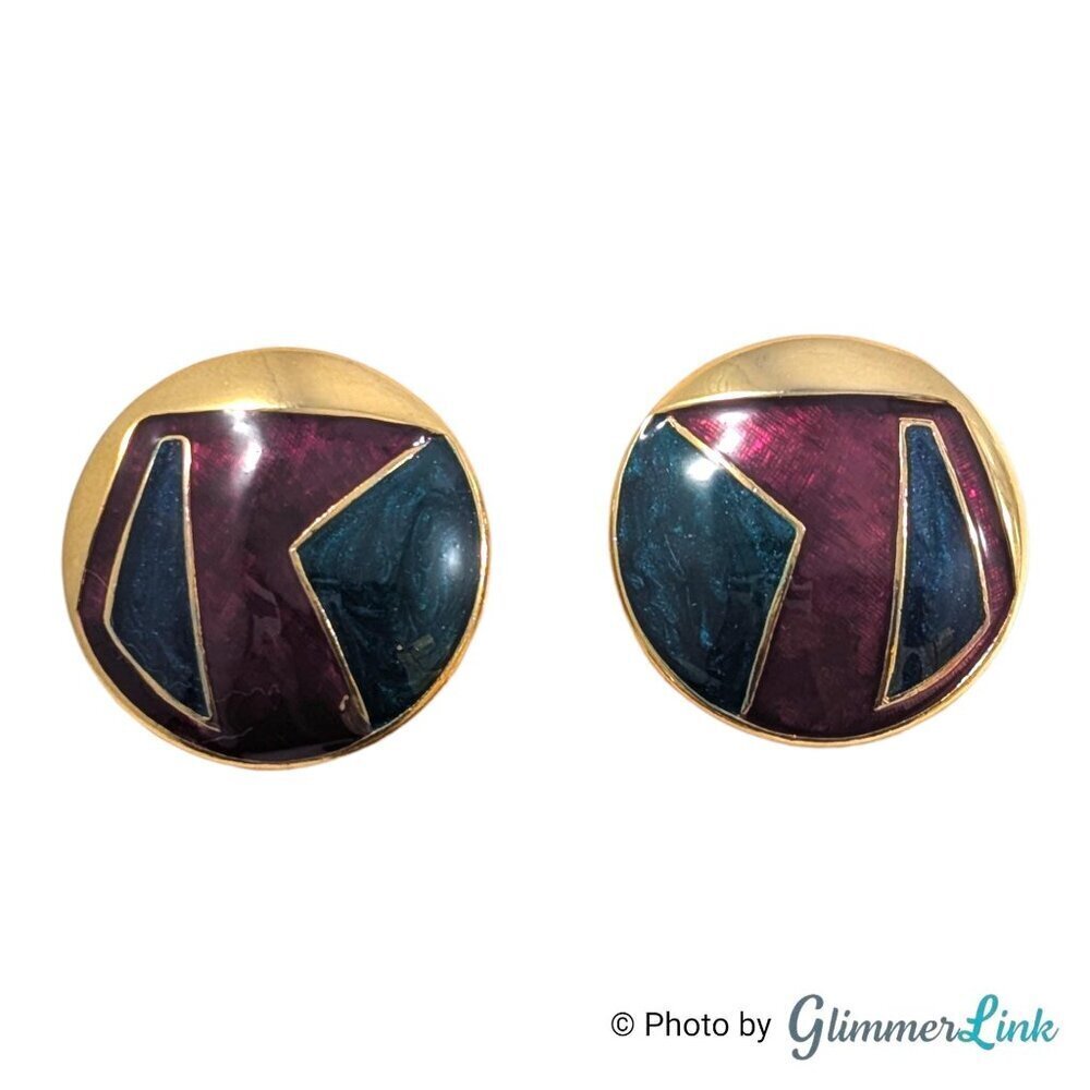 Vintage Burgundy Red and Teal Enamel Earrings – Round Gold Tone Geometric 1 1/4"